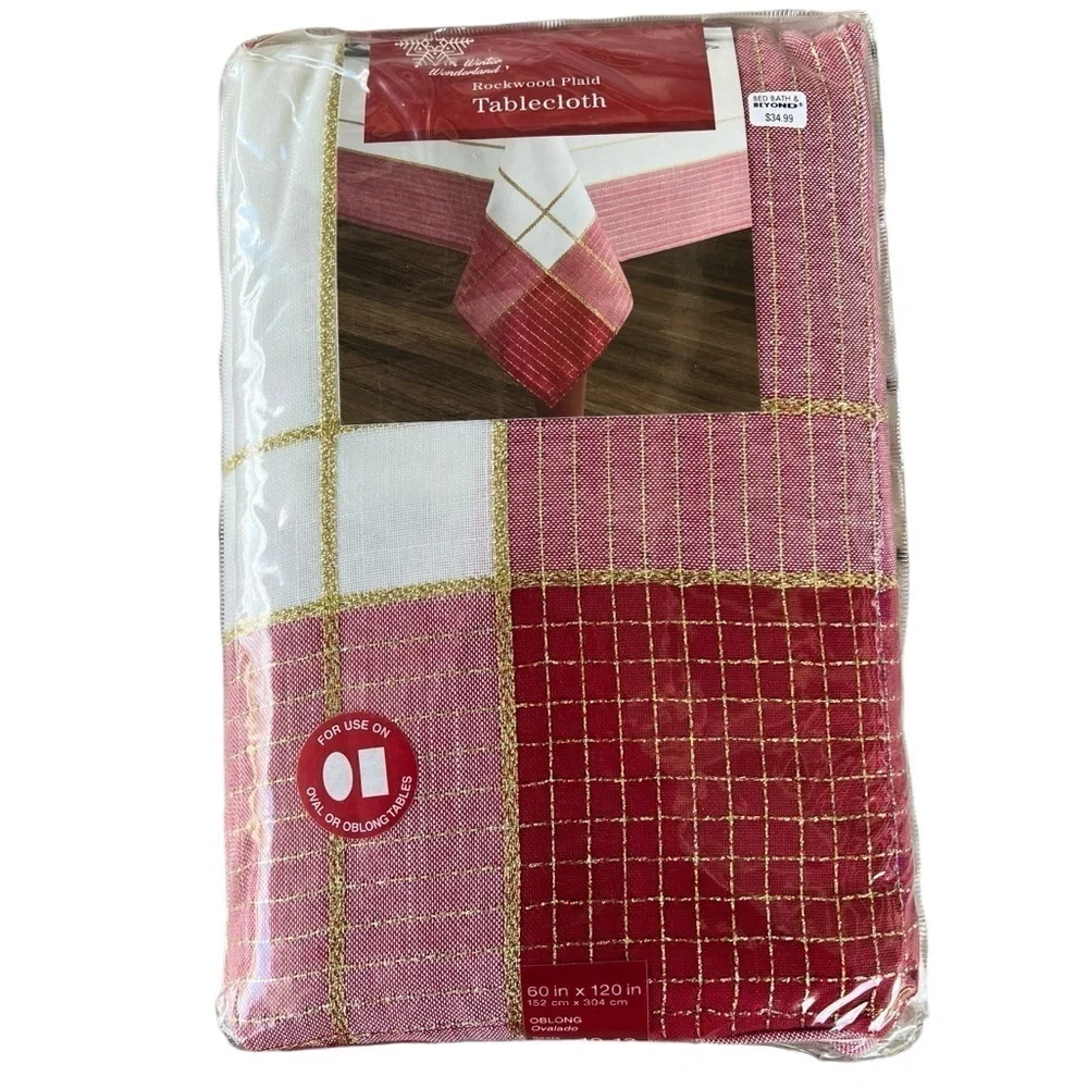 Winter Wonderland Rockland Plaid Holiday Table Cloth Oblong 60” x 120” NIP BB&B